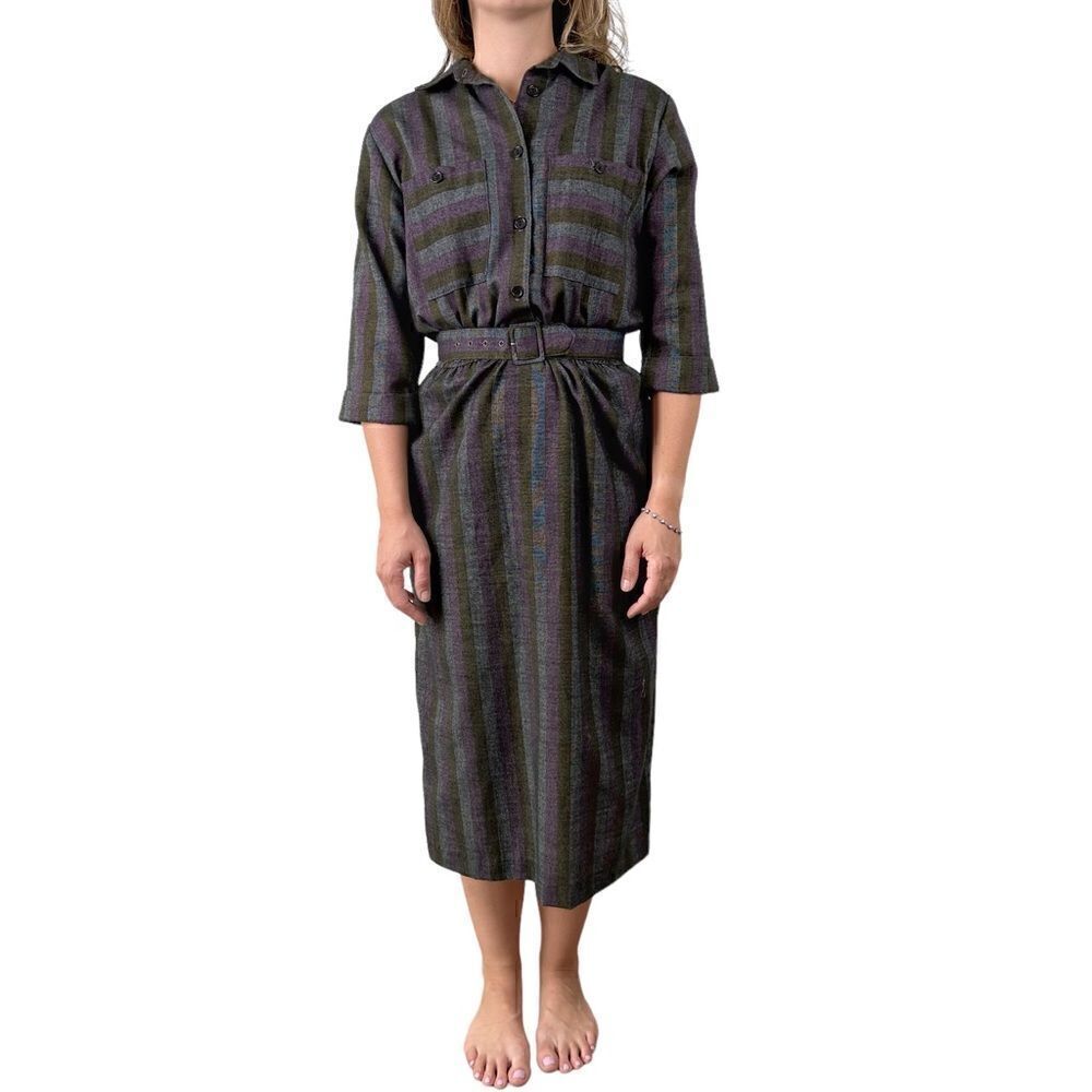 Jonathan Martin Vintage Striped Flannel Belted Dress 70s 80s Size Small